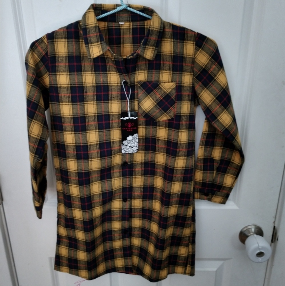 Handsome Navy Blue, Yellow, and Red plaid shirt